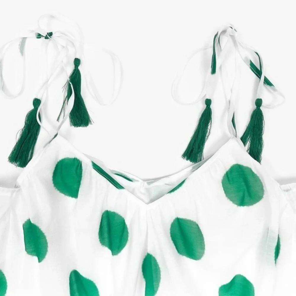 Line & Dot Green Polka‎ Dot Top Size XS White Green Cold Shoulder Flowy Summer